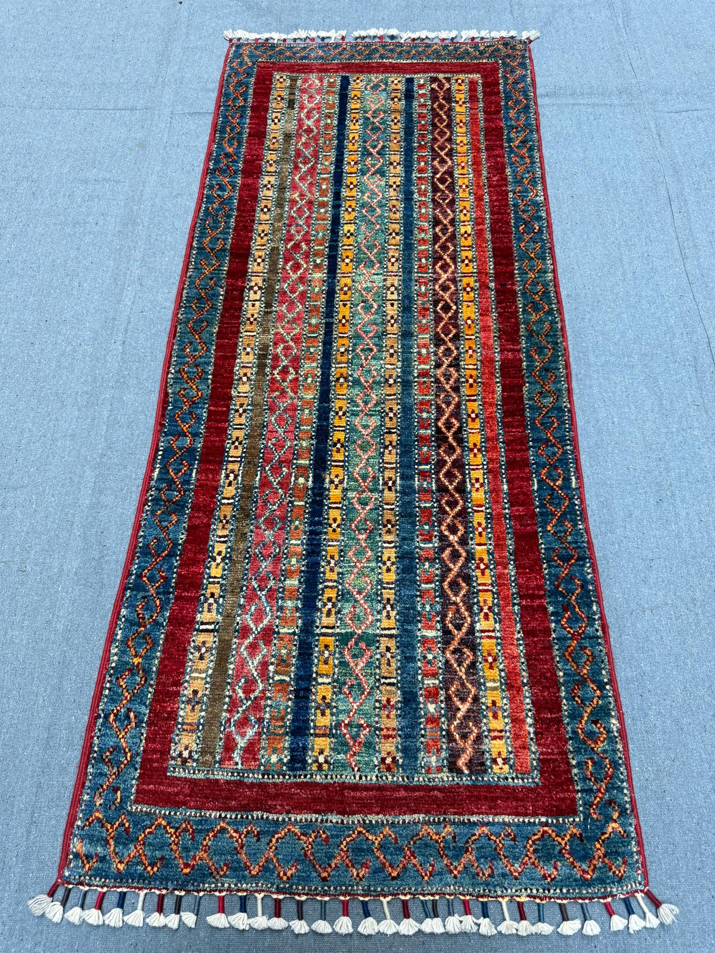 Handwoven Afghan Shawl Rug 2 x 4.9 ft - Striped Tribal Wool Runner - Bohemian Entryway Carpet - Soft Vintage Style Handmade Wool Rug