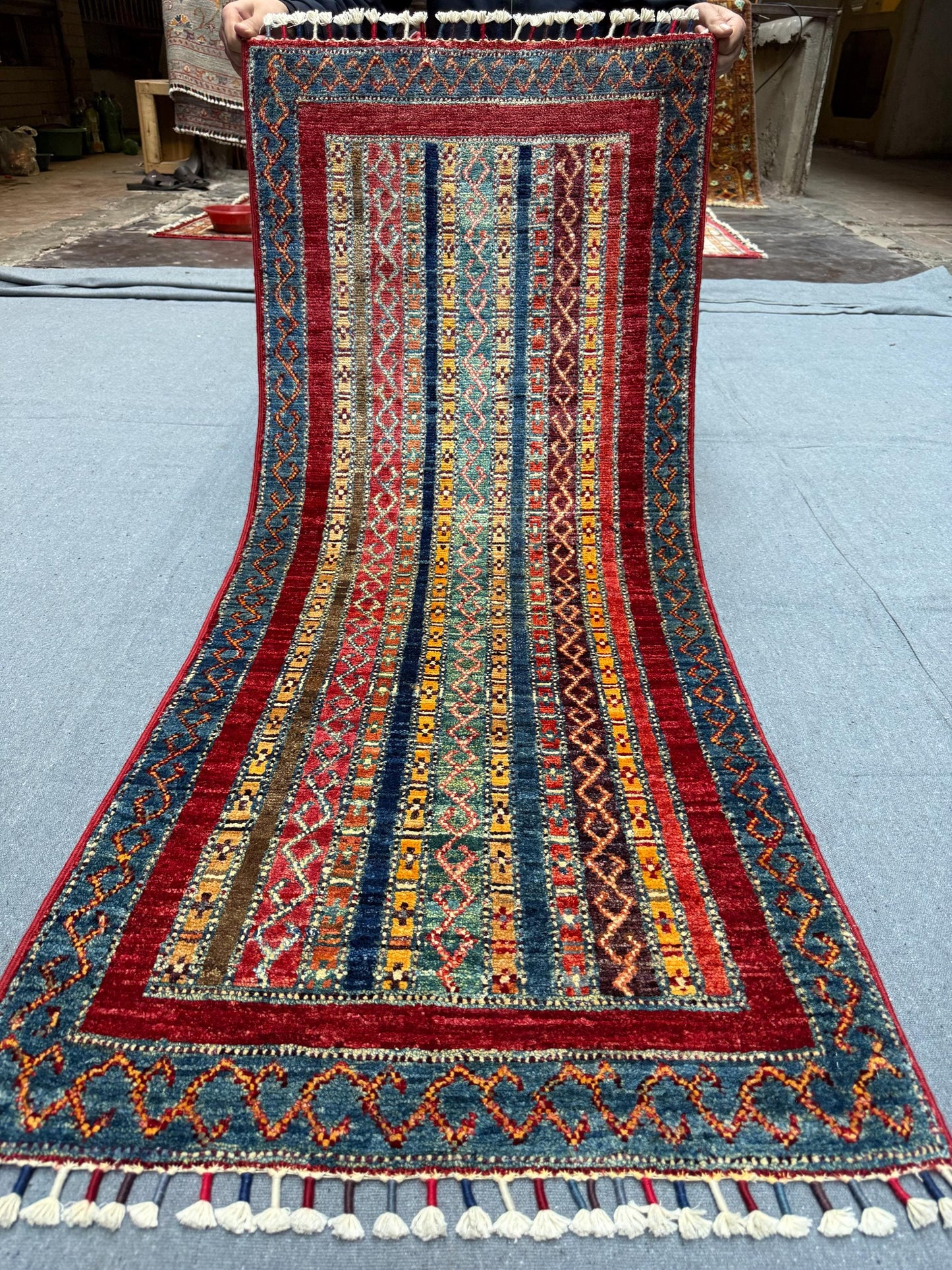 Handwoven Afghan Shawl Rug 2 x 4.9 ft - Striped Tribal Wool Runner - Bohemian Entryway Carpet - Soft Vintage Style Handmade Wool Rug