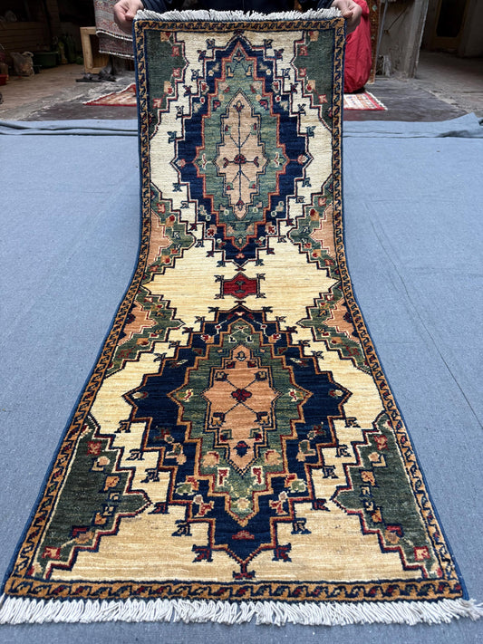 Handwoven Tribal Wool Runner Rug 1.10 x 4.10 ft - Vintage Afghan Geometric Carpet - Bohemian Hallway Rug - Soft Rustic Wool Home Decor