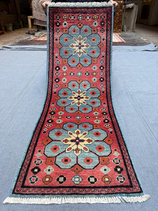 Handmade Mamluk Wool Runner Rug 1.11 x 4.9 ft - Vintage Red & Beige Afghan Carpet - Geometric Handwoven Wool Hallway Rug - Boho Decor