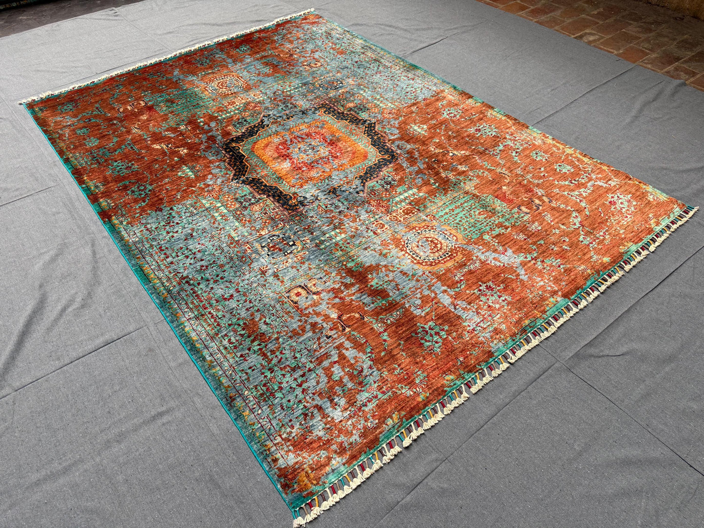 Handmade Wool and Silk Mamluk Rug,Colorful Multicolor Blue Orange Red Gray Rug– Handmade Mamluk Design Oriental Carpet,5x8 Living room rug.