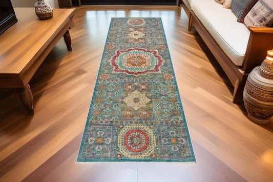 Handmade Wool Runner Rug 2.5 x 8 ft - Mamluk Geometric Pattern - Vintage Hand-Knotted Hallway Carpet - Elegant Entryway & Living Room Decor