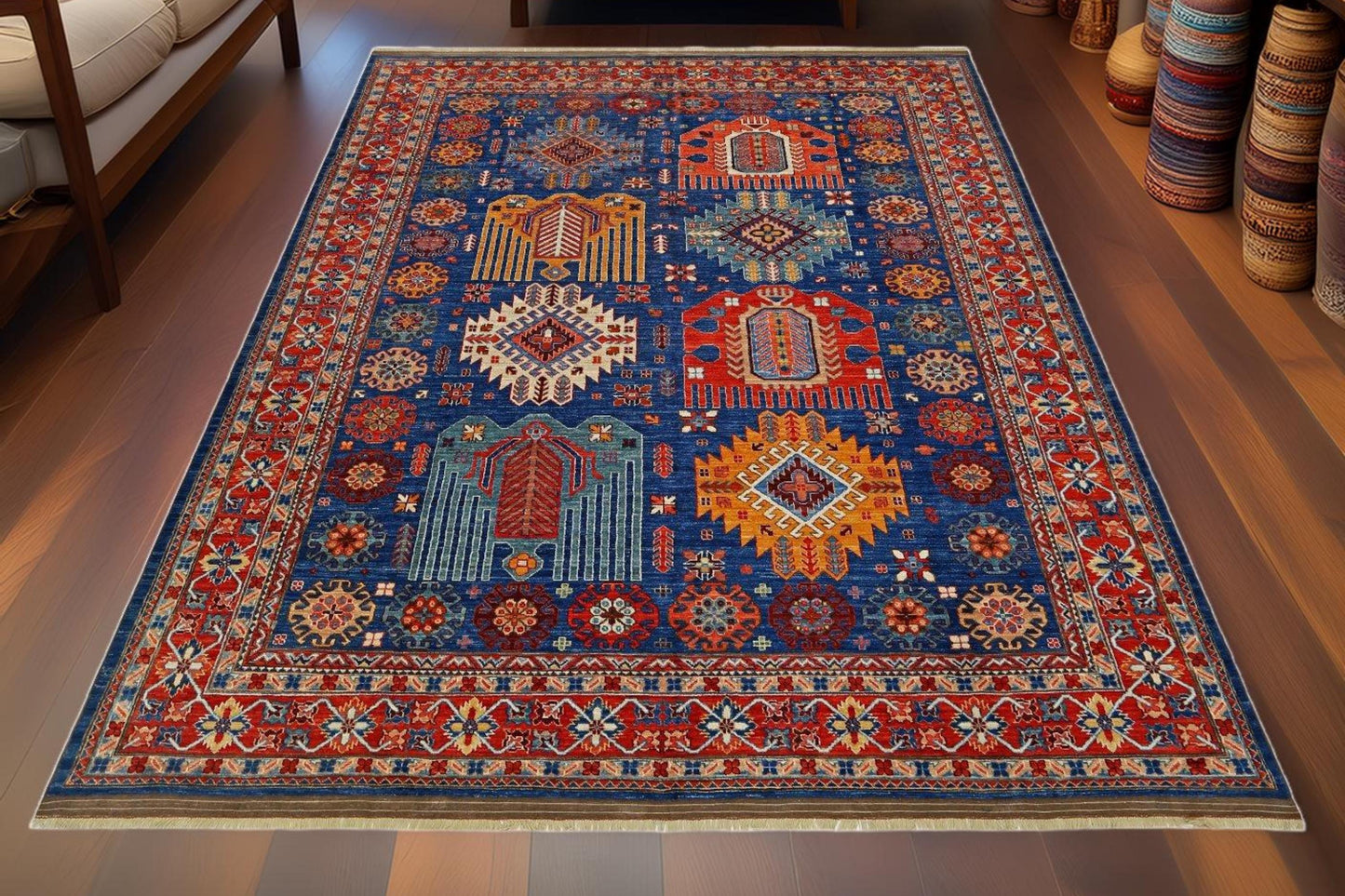 Handmade 8x11 ft Persian Wool Rug - Rich Blue Vintage Design - Luxurious Hand-Knotted Area Carpet for Traditional & Modern Interiors.