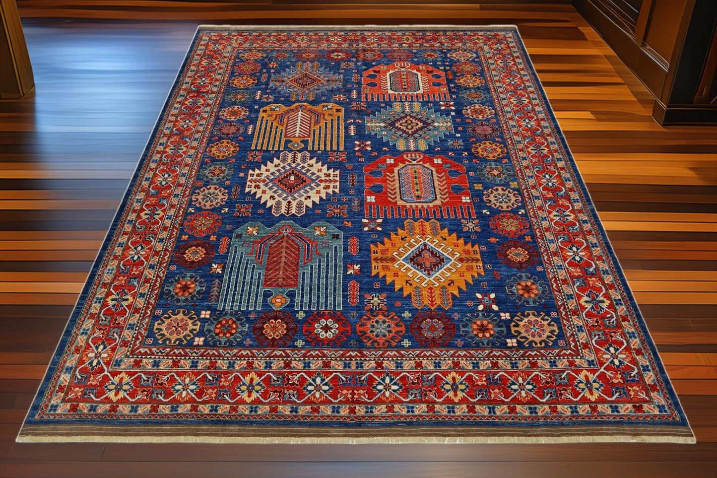 Handmade 8x11 ft Persian Wool Rug - Rich Blue Vintage Design - Luxurious Hand-Knotted Area Carpet for Traditional & Modern Interiors.