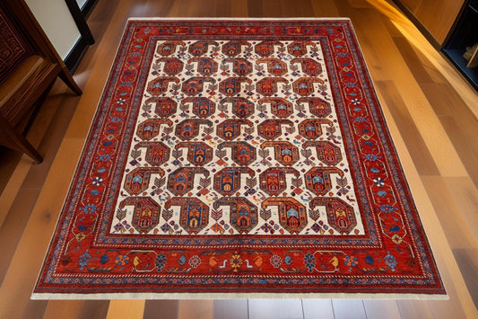 Handwoven Persian Abshar 8x10 ft Tribal Rug – Authentic Wool Carpet with Elephant Footprint Motif – Vintage Red & Ivory Oriental Area Rug