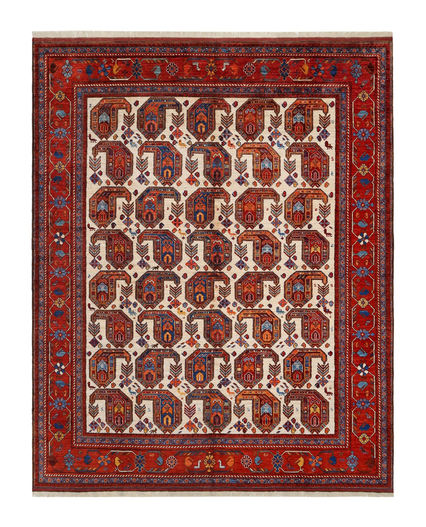 Handwoven Persian Abshar 8x10 ft Tribal Rug – Authentic Wool Carpet with Elephant Footprint Motif – Vintage Red & Ivory Oriental Area Rug