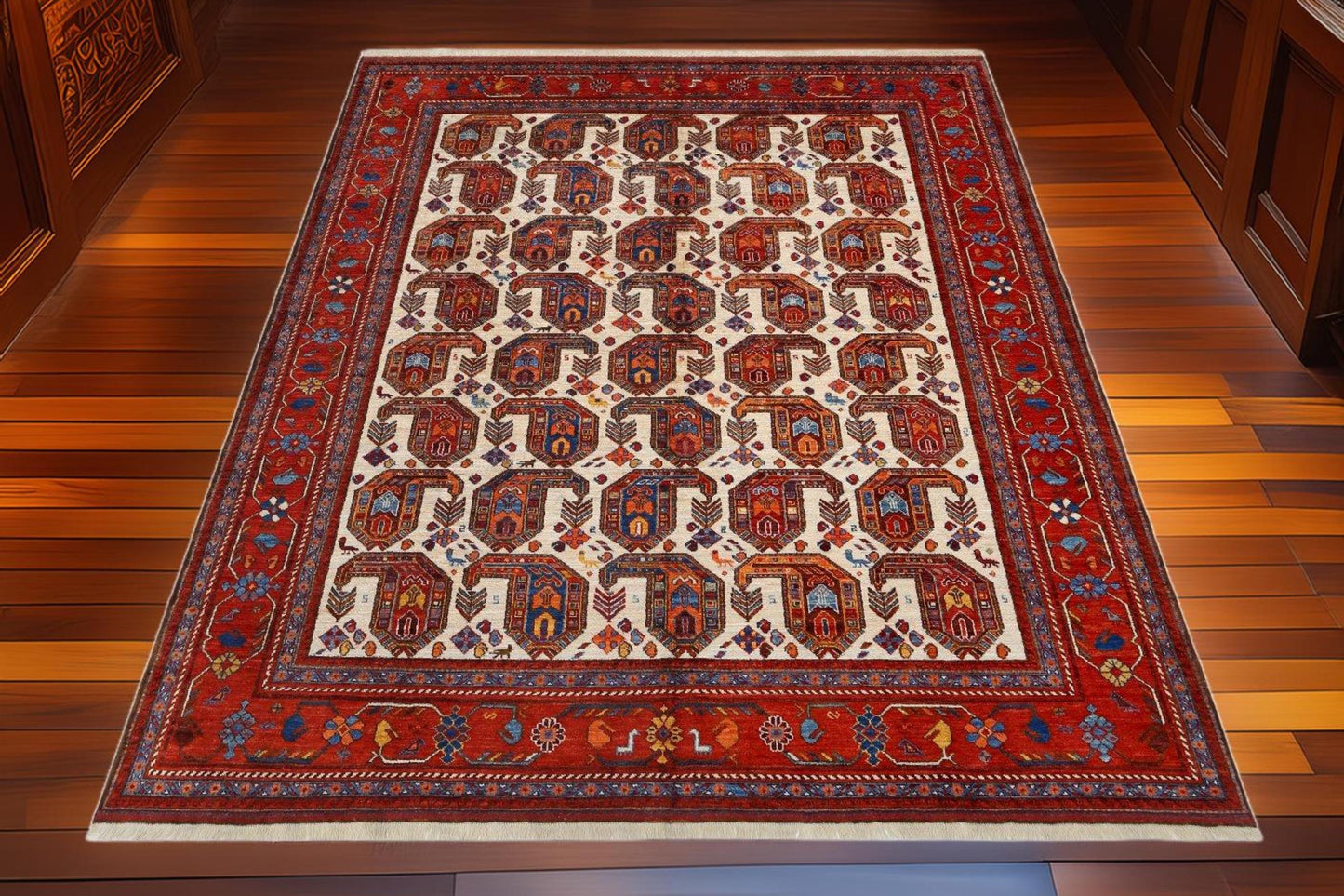 Handwoven Persian Abshar 8x10 ft Tribal Rug – Authentic Wool Carpet with Elephant Footprint Motif – Vintage Red & Ivory Oriental Area Rug