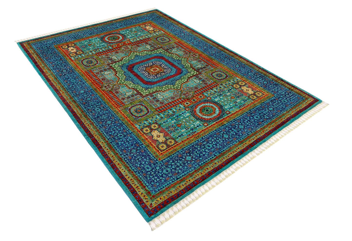 Hand-Knotted Mamluk Rug 5x8 ft – Intricate Geometric Wool Carpet – Luxurious Blue & Red Oriental Area Rug for Living Room or Office