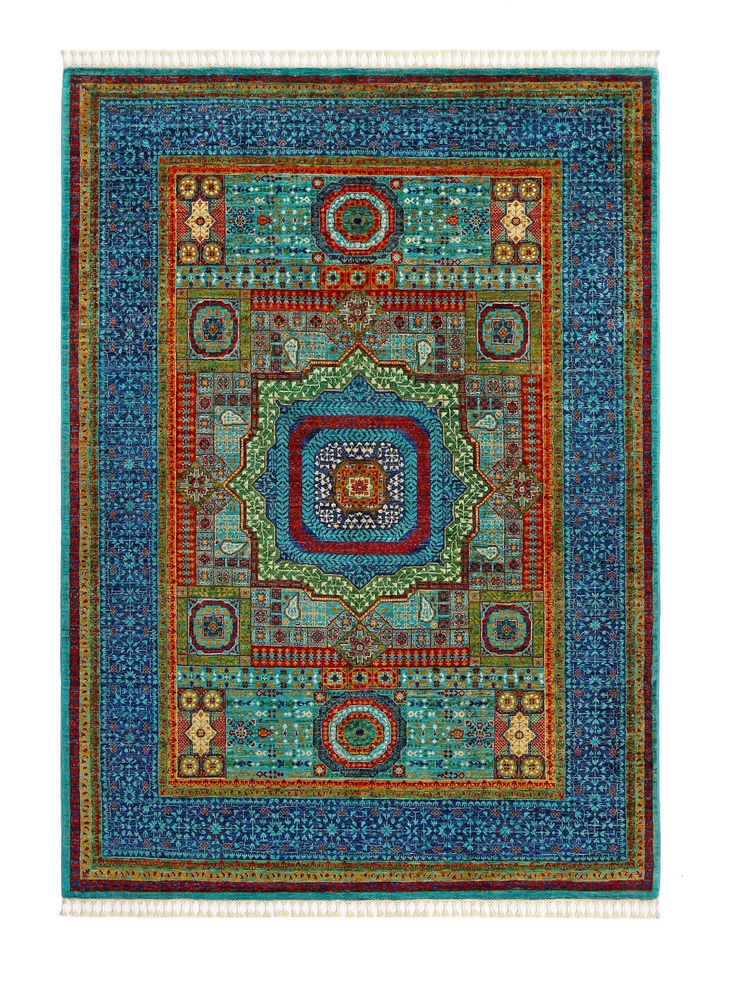 Hand-Knotted Mamluk Rug 5x8 ft – Intricate Geometric Wool Carpet – Luxurious Blue & Red Oriental Area Rug for Living Room or Office