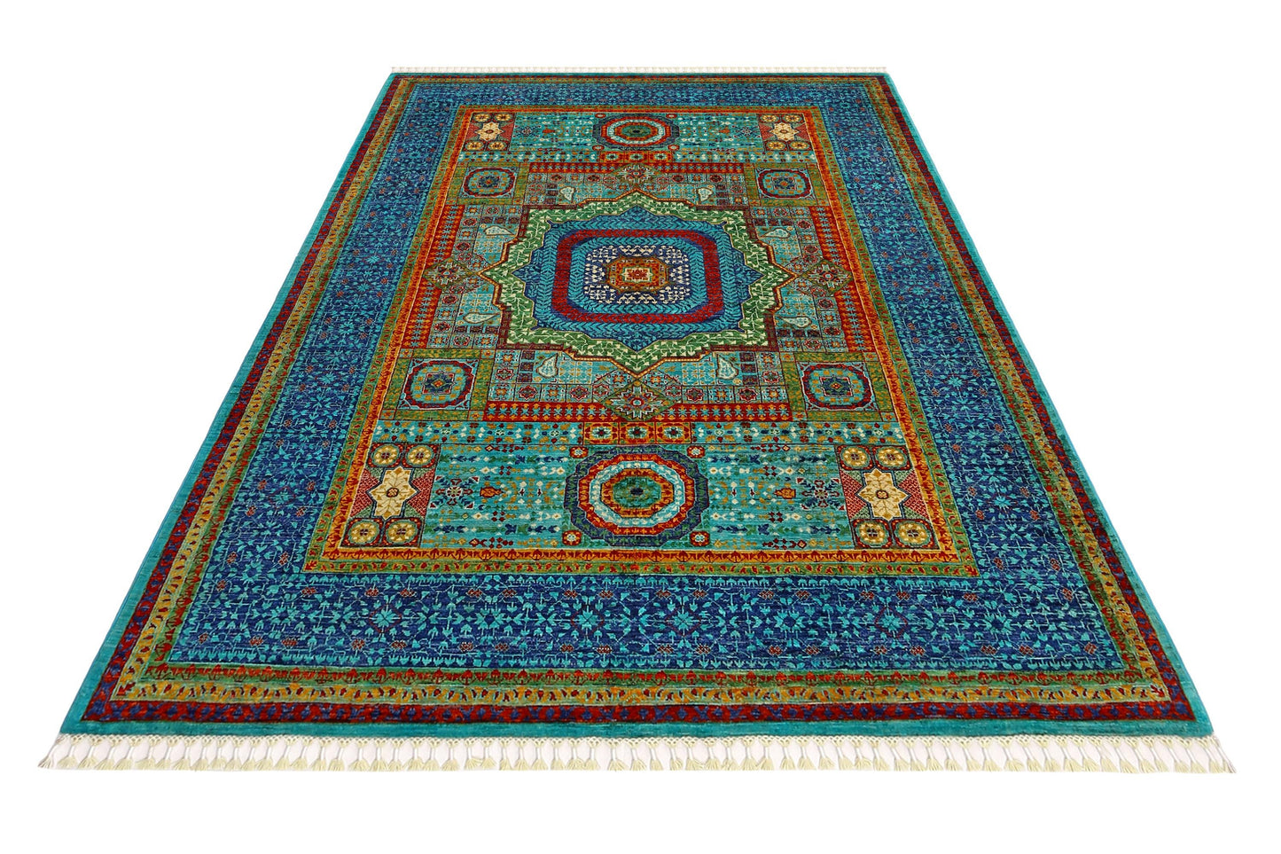 Hand-Knotted Mamluk Rug 5x8 ft – Intricate Geometric Wool Carpet – Luxurious Blue & Red Oriental Area Rug for Living Room or Office