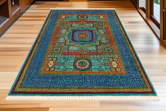 Hand-Knotted Mamluk Rug 5x8 ft – Intricate Geometric Wool Carpet – Luxurious Blue & Red Oriental Area Rug for Living Room or Office