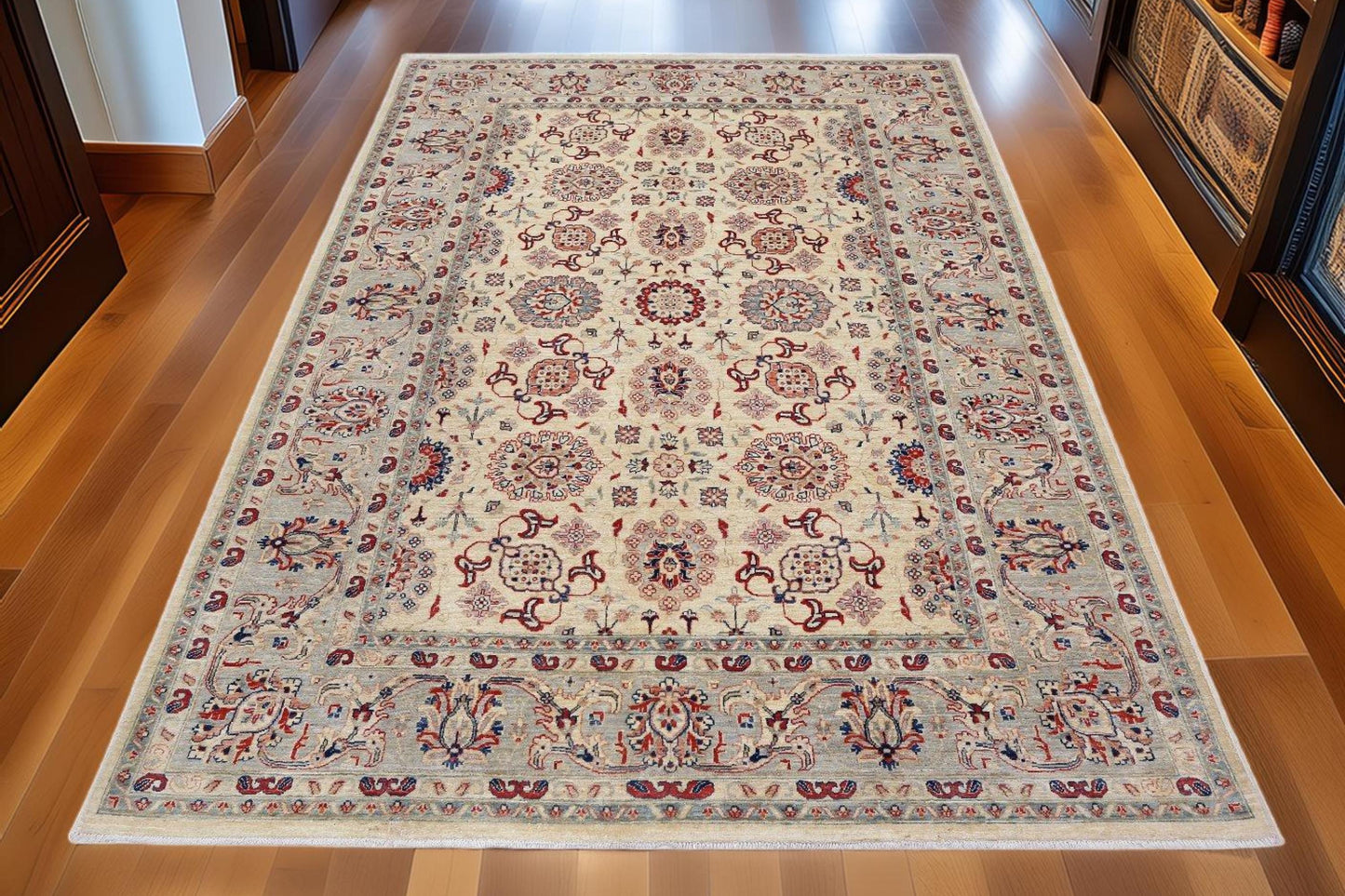 Hand-Knotted Persian Rug 5.6x7.6 ft – Ivory & Blue Wool Carpet with Floral Medallion – Elegant Traditional Area Rug for Home and Office