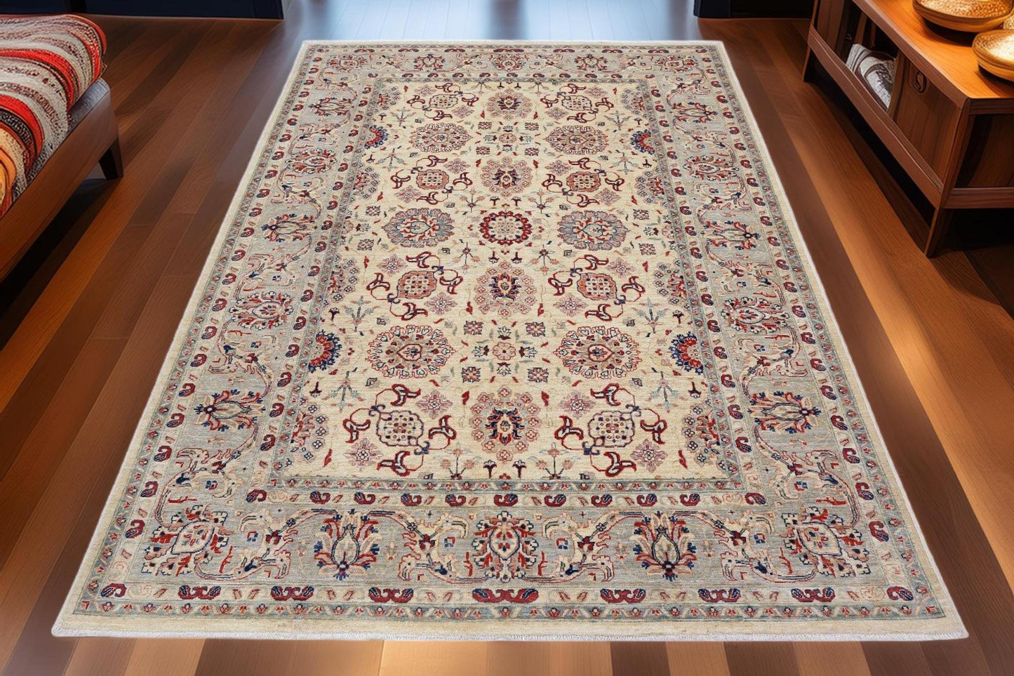 Hand-Knotted Persian Rug 5.6x7.6 ft – Ivory & Blue Wool Carpet with Floral Medallion – Elegant Traditional Area Rug for Home and Office