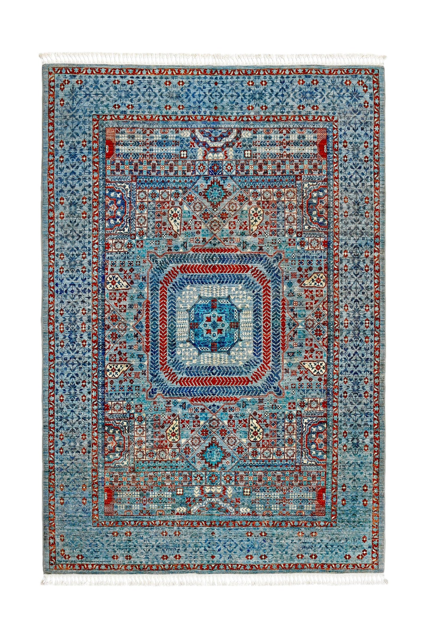 Handwoven 5x8 ft Mamluk Rug –Blue & Red Wool Area Carpet – Geometric Persian Style Modern Rug for Living Room and Home Decor,Modern Area rug