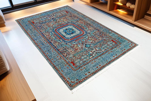 Handwoven 5x8 ft Mamluk Rug –Blue & Red Wool Area Carpet – Geometric Persian Style Modern Rug for Living Room and Home Decor,Modern Area rug