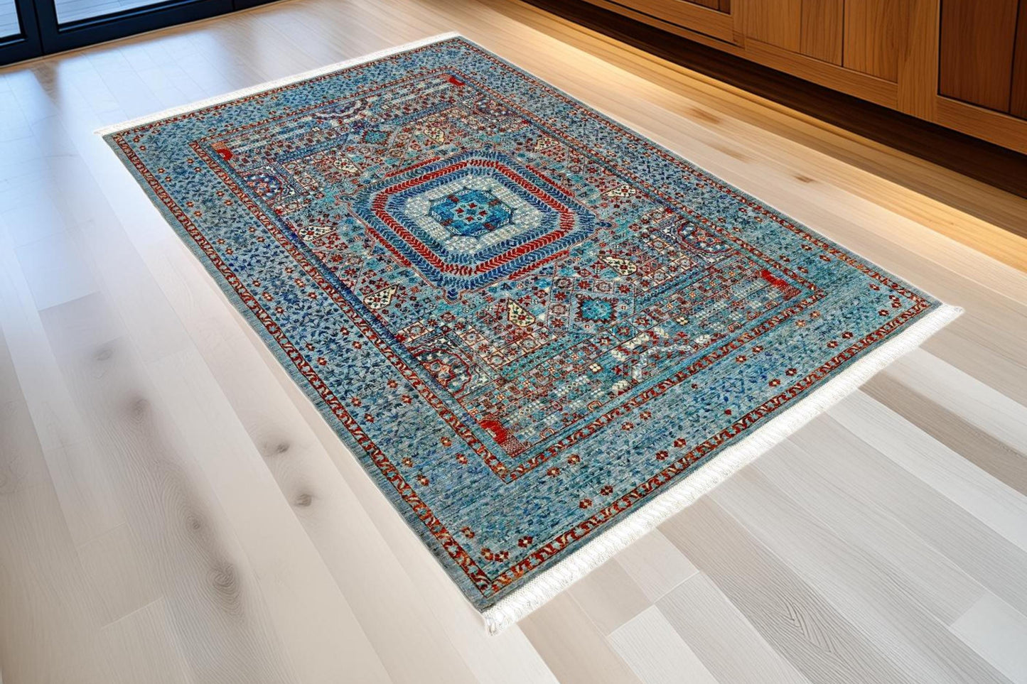 Handwoven 5x8 ft Mamluk Rug –Blue & Red Wool Area Carpet – Geometric Persian Style Modern Rug for Living Room and Home Decor,Modern Area rug