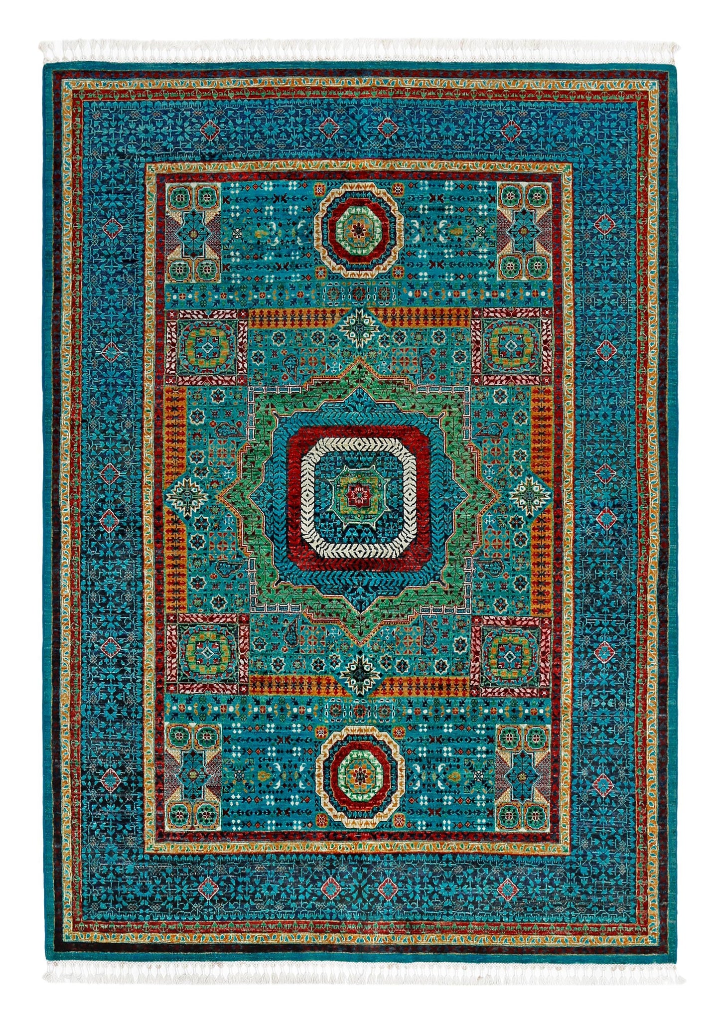 Handwoven Persian Wool Silk Rug 5.6x7.8 ft – Intricate Turquoise & Gold Medallion Carpet – Luxury Oriental Wool Rug for Elegant Interiors