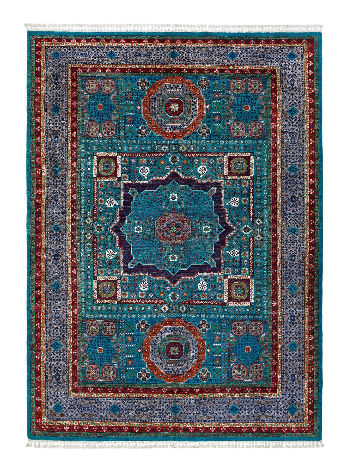 Handwoven Persian Silk Rug 7.2x9.9 ft – Blue & Red Medallion Design – Luxury Handmade Oriental Wool Carpet for Sophisticated Home Decor