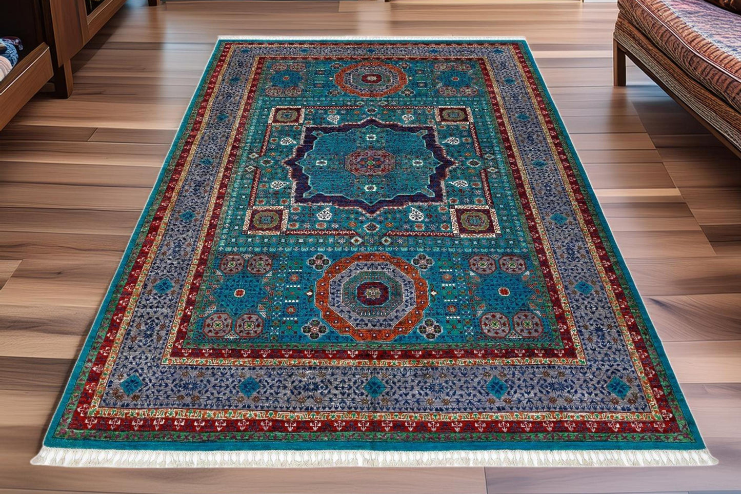 Handwoven Persian Silk Rug 7.2x9.9 ft – Blue & Red Medallion Design – Luxury Handmade Oriental Wool Carpet for Sophisticated Home Decor