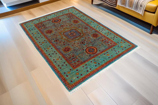 Hand-Knotted Persian Rug - 5.8x8.1 ft (247x179 cm) - Traditional Medallion Design in Turquoise & Red - 100% Wool Oriental Carpet