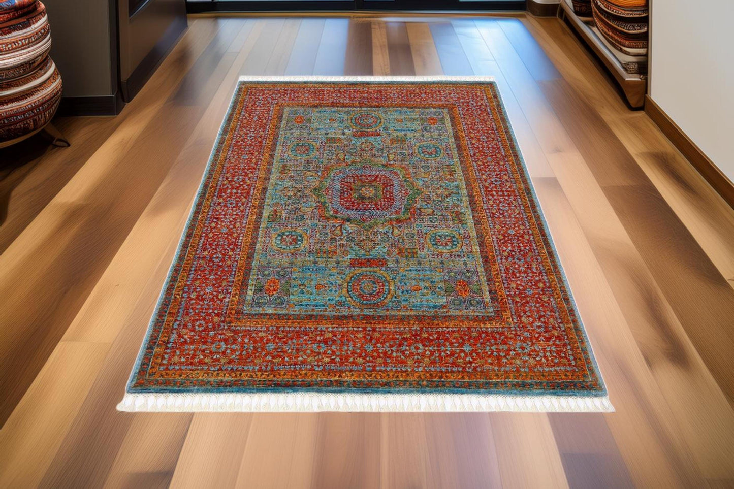 Handmade Modern Persian Rug 5.1x6.4 | Traditional Oriental Area Carpet | Red & Blue Wool Rug | Bohemian Home Décor|Unique Persian Floor Art