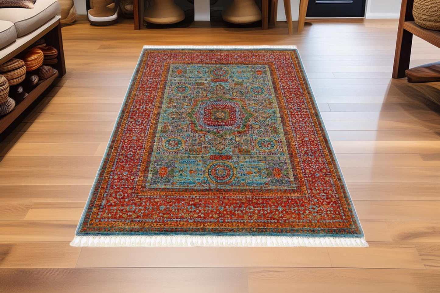 Handmade Modern Persian Rug 5.1x6.4 | Traditional Oriental Area Carpet | Red & Blue Wool Rug | Bohemian Home Décor|Unique Persian Floor Art