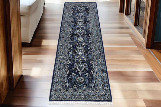 Hand-Knotted Persian Runner Rug 3x9.4 | Navy Blue & Ivory Wool Hallway Carpet | Elegant Handmade Corridor and Entryway Rug