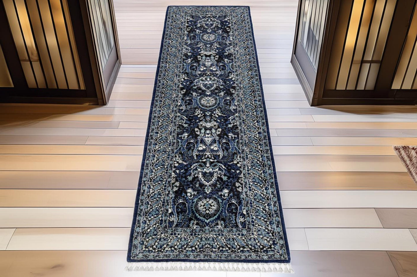 Hand-Knotted Persian Runner Rug 3x9.4 | Navy Blue & Ivory Wool Hallway Carpet | Elegant Handmade Corridor and Entryway Rug