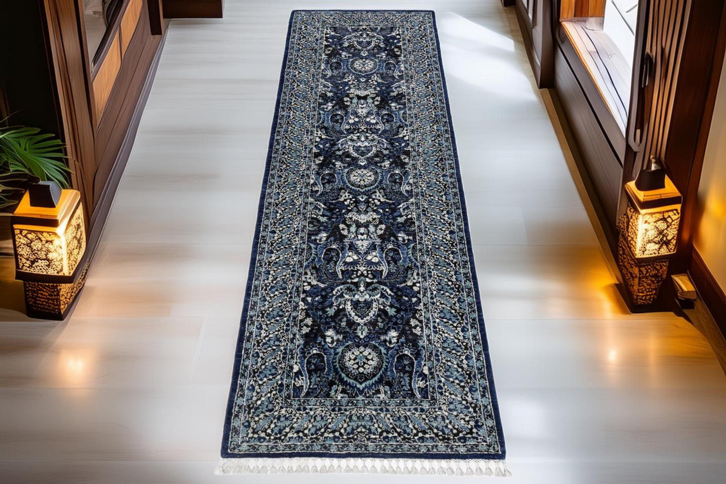 Hand-Knotted Persian Runner Rug 3x9.4 | Navy Blue & Ivory Wool Hallway Carpet | Elegant Handmade Corridor and Entryway Rug