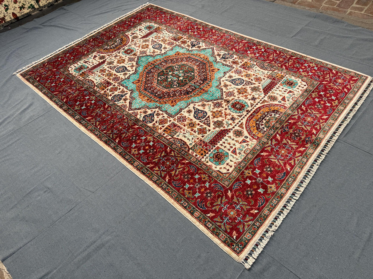 Handmade Mamluk Wool Rug 5.9x8.2 | Authentic Hand-Knotted Vintage Area Rug | Red & Ivory Traditional Carpet,6x8 Living room area rug,Red rug