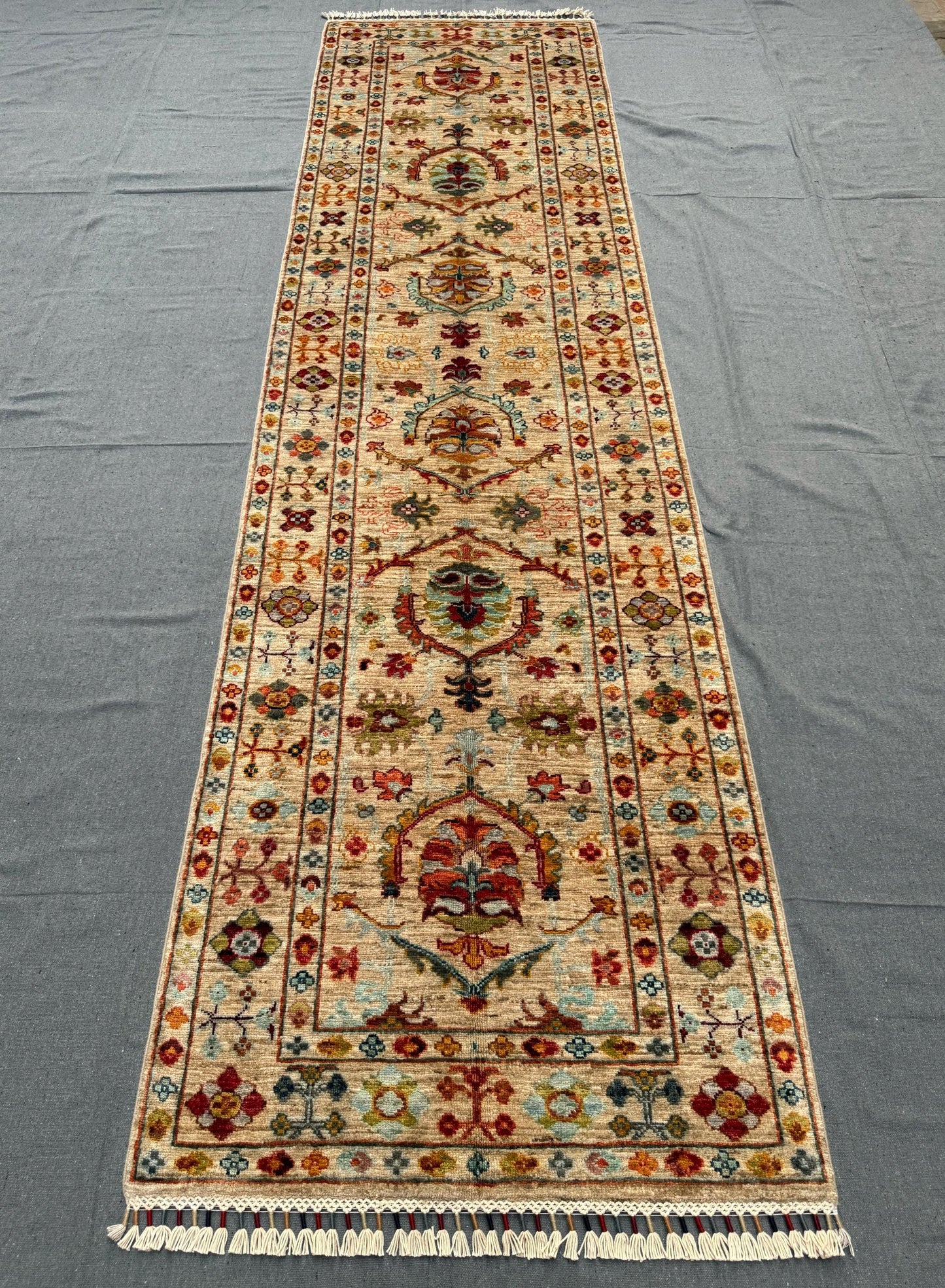 Hand-Knotted Sultani Wool Runner Rug 2'9''x10'2'' |Traditional Floral Hallway Carpet | Handmade Beige & Multi-Color Runner,Modern runner rug