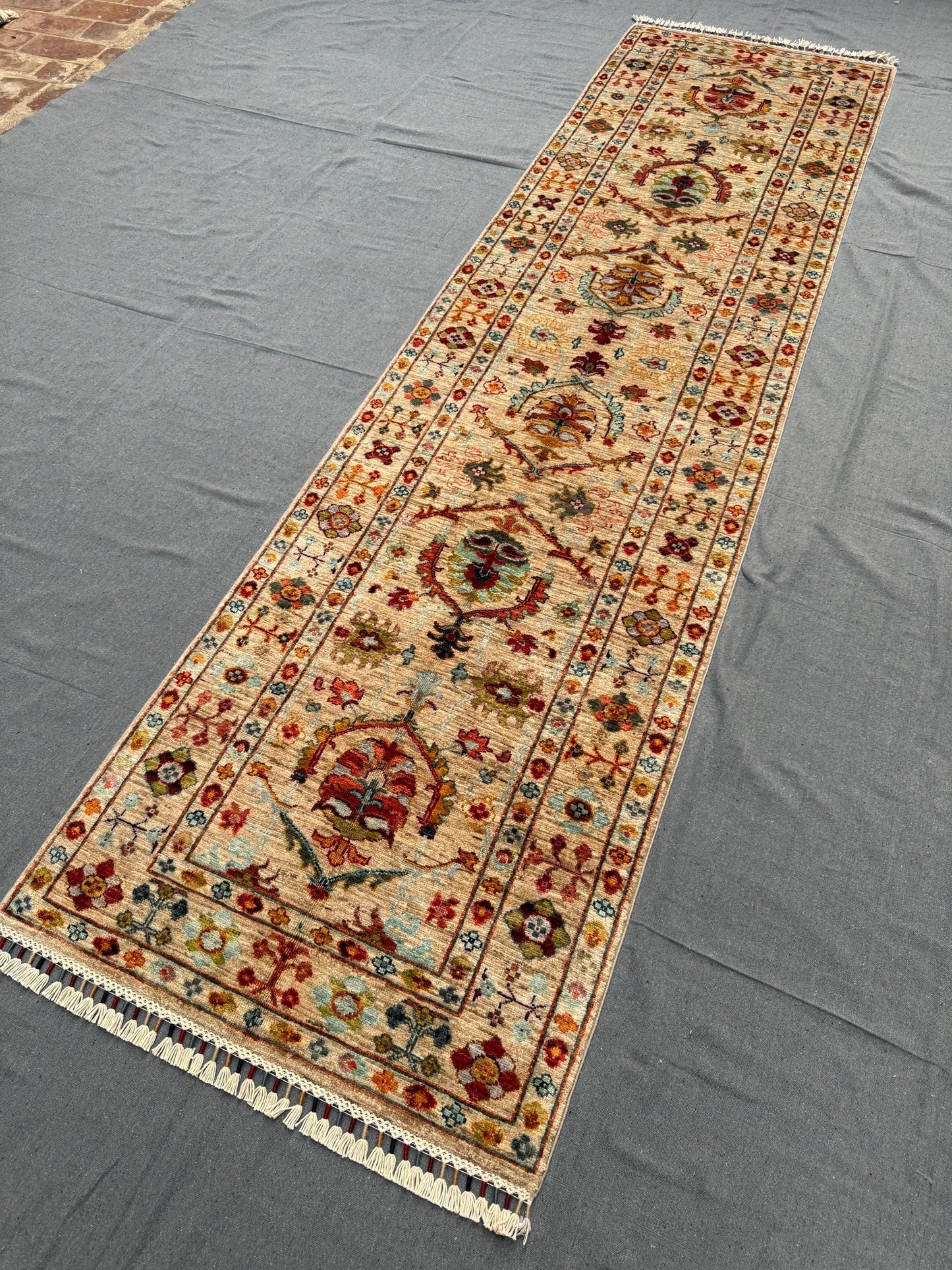 Hand-Knotted Sultani Wool Runner Rug 2'9''x10'2'' |Traditional Floral Hallway Carpet | Handmade Beige & Multi-Color Runner,Modern runner rug