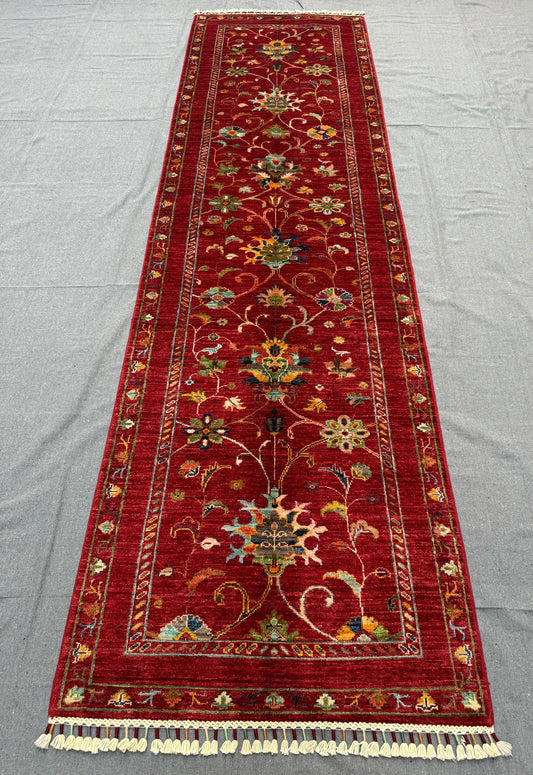 Hand-Knotted Sultani Wool Runner Rug 2.9x9.7 | Traditional Floral Red Hallway Carpet | Handmade Luxury Runner,Vibrant Colorful runner rug.