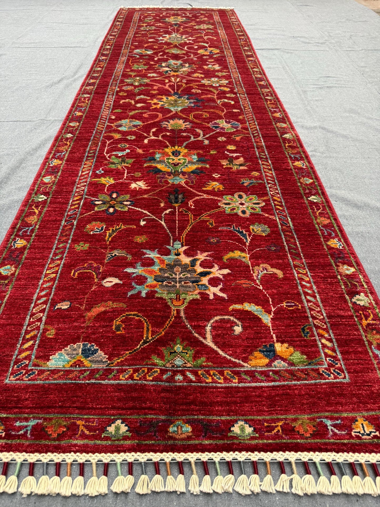 Hand-Knotted Sultani Wool Runner Rug 2.9x9.7 | Traditional Floral Red Hallway Carpet | Handmade Luxury Runner,Vibrant Colorful runner rug.