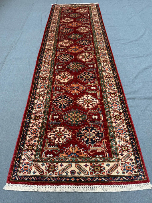 Handmade Red -Burgundy Turkish-Kazakh Runner Rug,Hand-Knotted Rug for Hallways and Entryways,Boho Handmade Runner Rug –10 ft Runner rug.