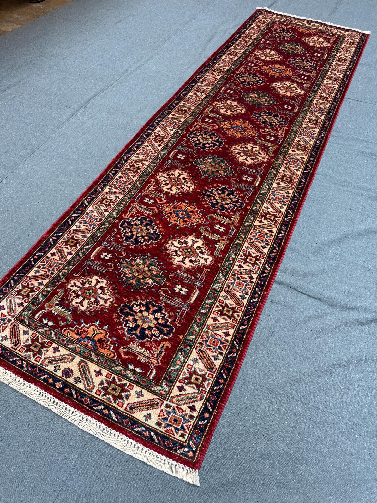 Handmade Red -Burgundy Turkish-Kazakh Runner Rug,Hand-Knotted Rug for Hallways and Entryways,Boho Handmade Runner Rug –10 ft Runner rug.