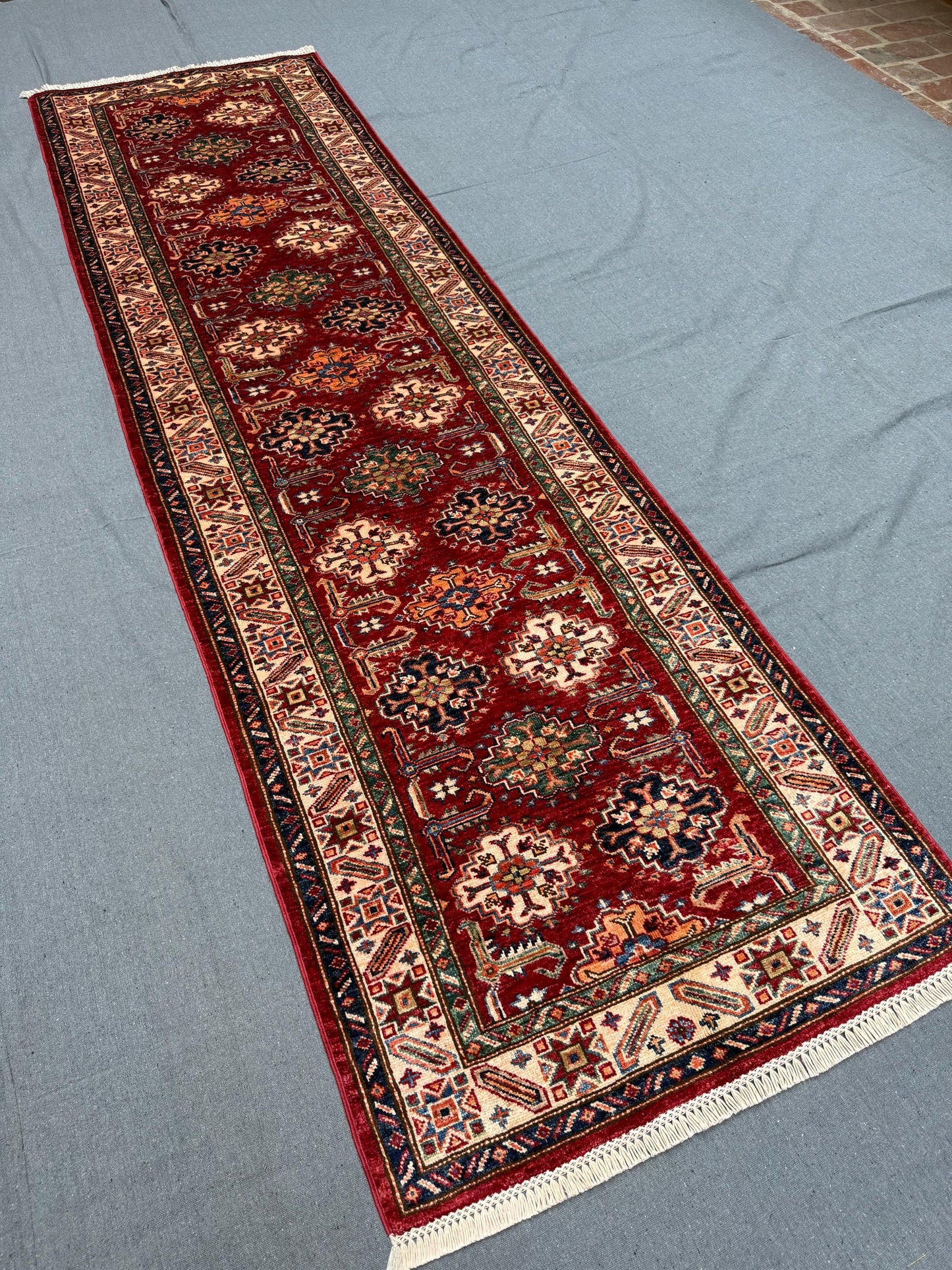 Handmade Red -Burgundy Turkish-Kazakh Runner Rug,Hand-Knotted Rug for Hallways and Entryways,Boho Handmade Runner Rug –10 ft Runner rug.