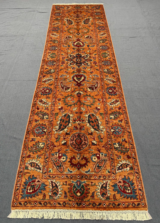 Handmade Orange Sultani Runner Rug 2.11x10.3 ft |Persian Wool Hallway Runner | Vintage Hand-Knotted Floral Runner,Vibrant Orange Runner rug