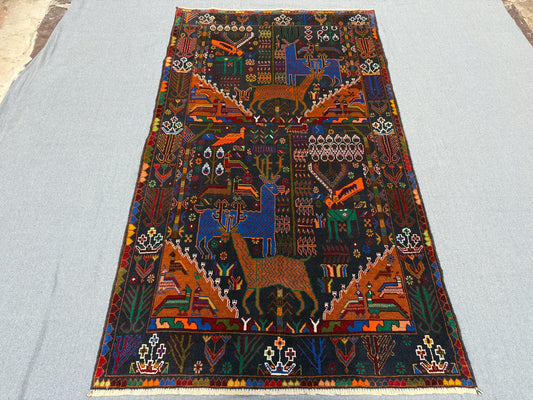 Hand-Knotted Baluchi Wool Rug 2x6 | Nomadic Tribal Design | Vintage Handmade Oriental Carpet,Animal Motif Area rug,Unique Pictorial Area rug