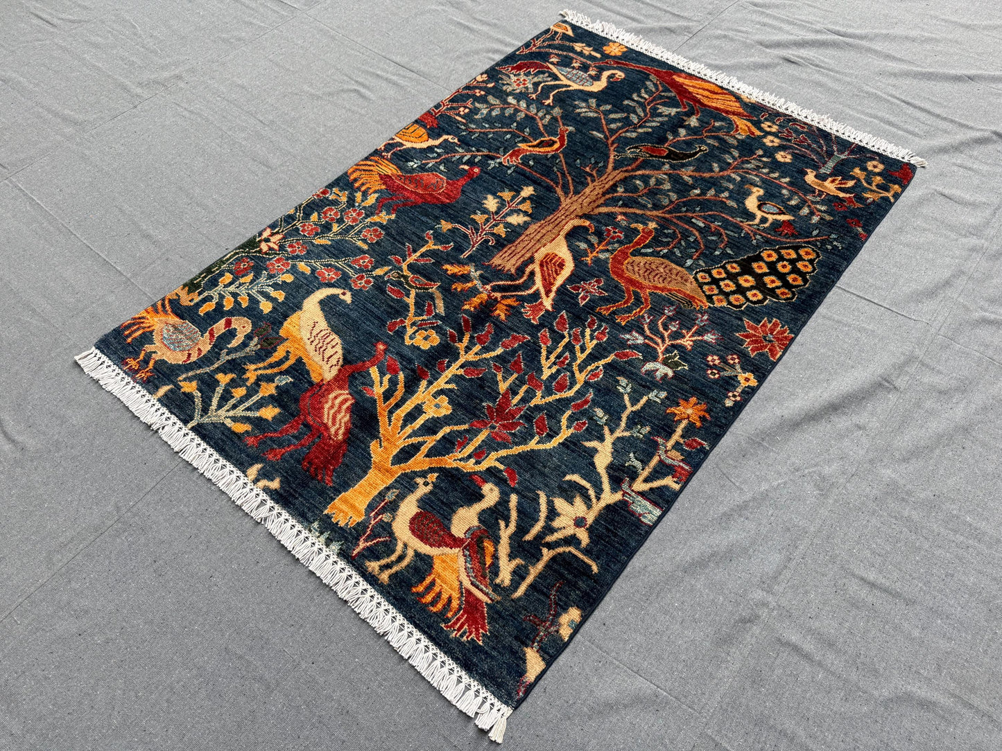 Handmade Wool Rug with Vibrant Bird and Tree Design,Vintage-Style Blue 3x4 Handmade Garden of Babylon Inspired Rug,Handwoven Artistic Rug.