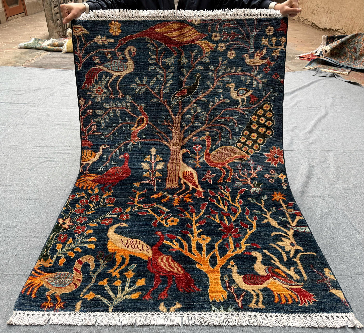 Handmade Wool Rug with Vibrant Bird and Tree Design,Vintage-Style Blue 3x4 Handmade Garden of Babylon Inspired Rug,Handwoven Artistic Rug.