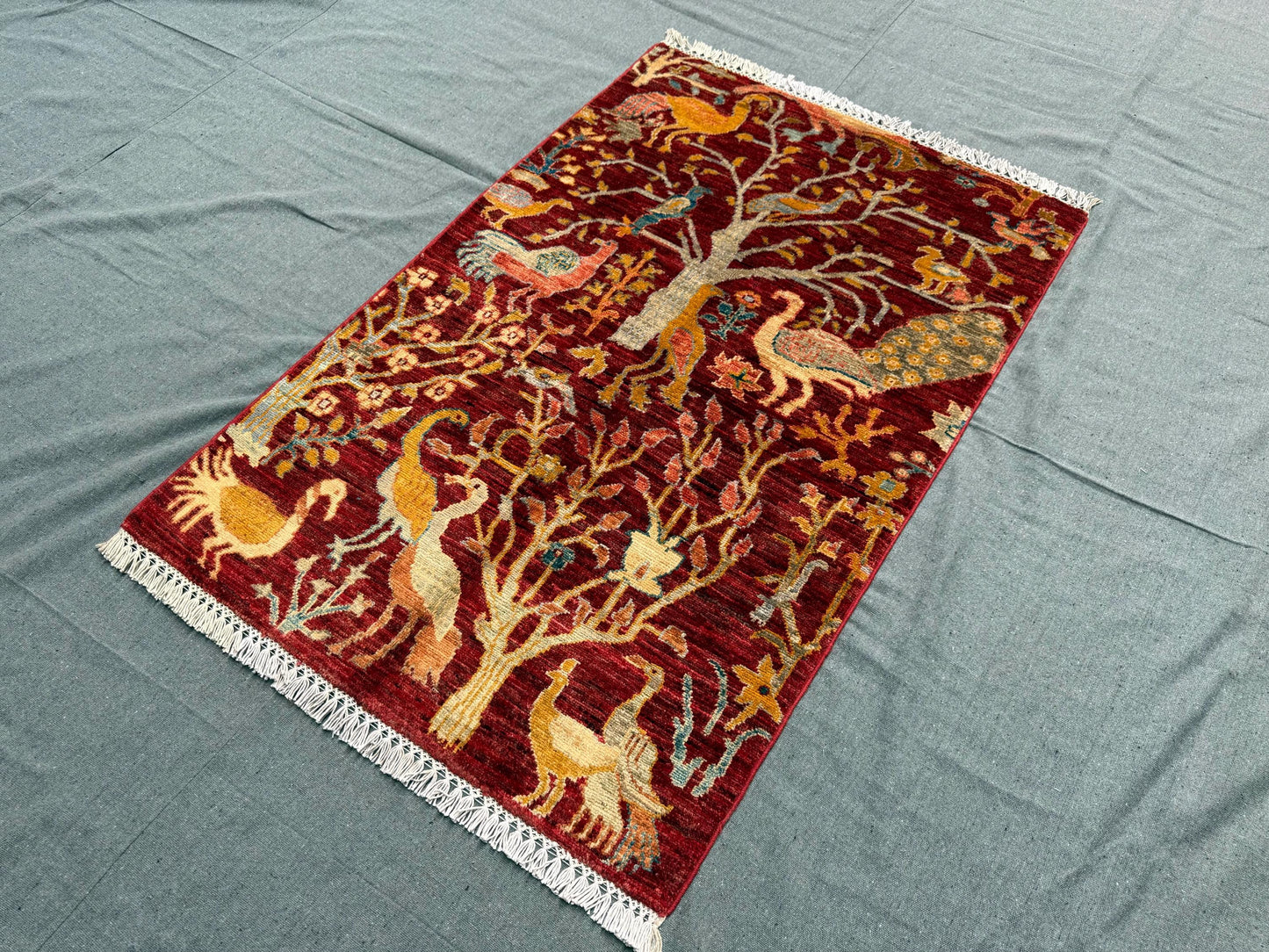 Handmade Red Persian Rug with Bird and Tree Design–Artisan Craft,Unique Handmade Rug Featuring Birds and Tree of Life Design,3x4 bedroom rug