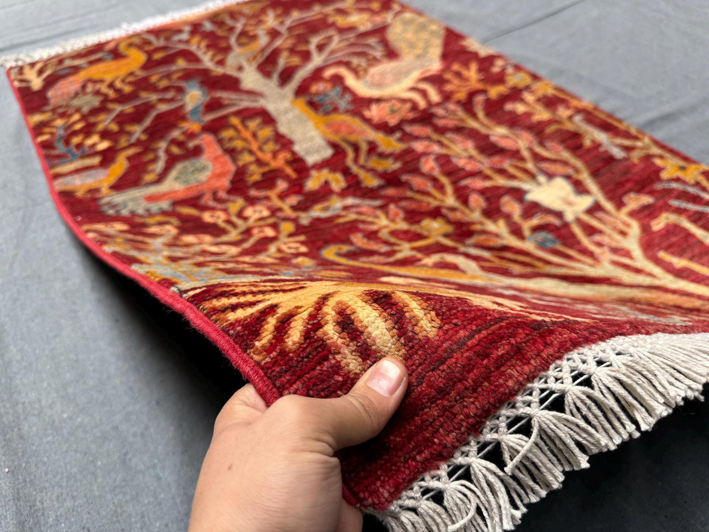 Handmade Red Persian Rug with Bird and Tree Design–Artisan Craft,Unique Handmade Rug Featuring Birds and Tree of Life Design,3x4 bedroom rug