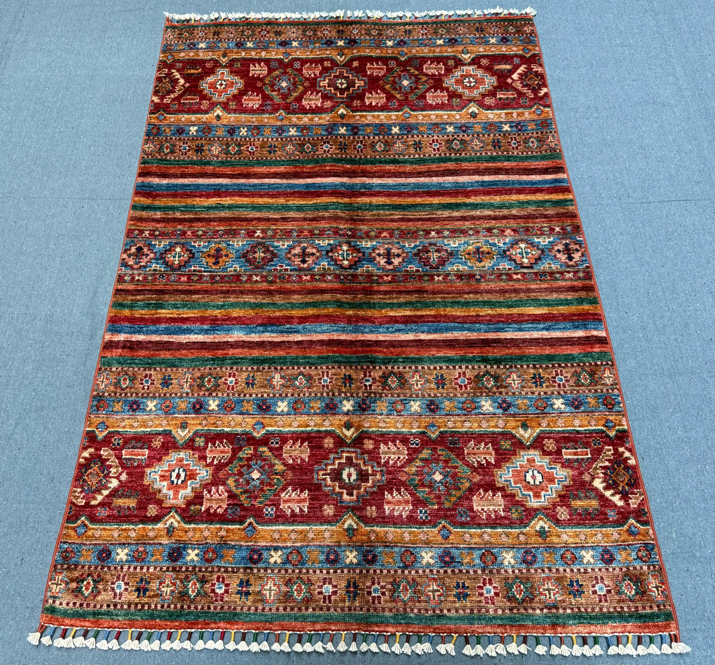 Handmade Khorjin Rug –Multicolor Striped Wool Design,Traditional Handmade Khorjin Area Rug – Vibrant Persian Style,3x5 Small living room rug