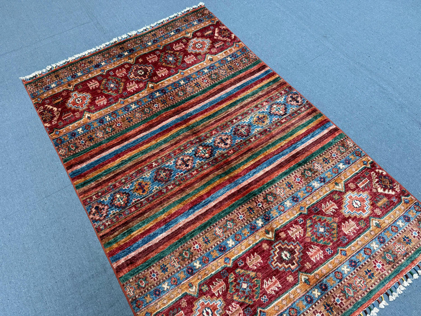 Handmade Khorjin Rug –Multicolor Striped Wool Design,Traditional Handmade Khorjin Area Rug – Vibrant Persian Style,3x5 Small living room rug