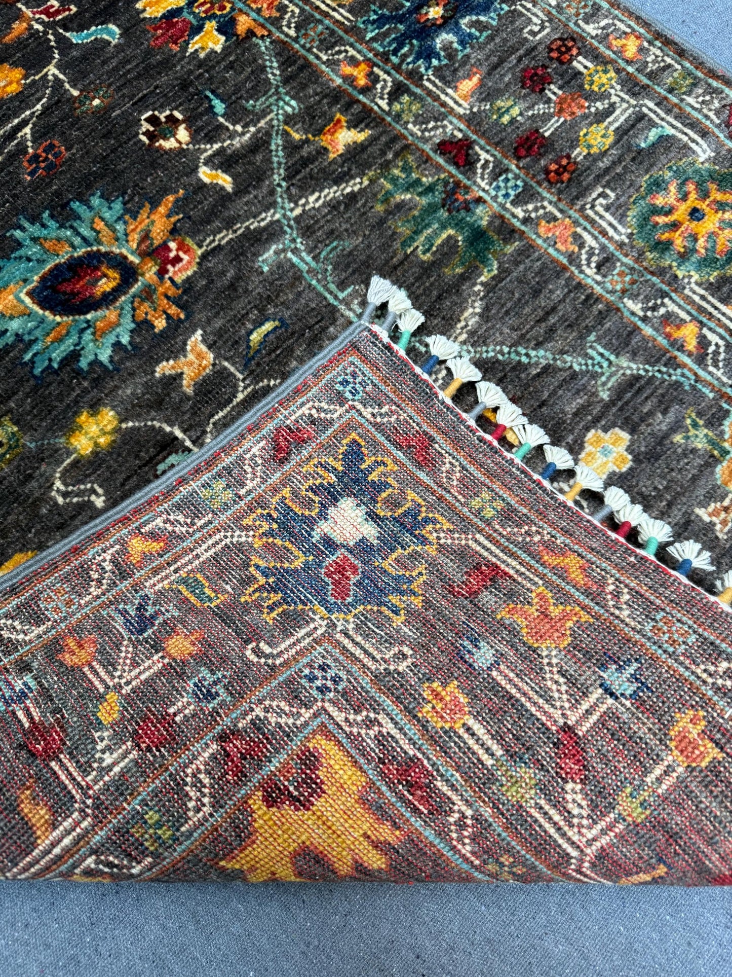 Handmade Sultani Rug – Dark Floral Wool Area Rug,Persian Floral Design,Bold Dark Tones,Multicolor Floral Pattern,3x4 Small living room rug