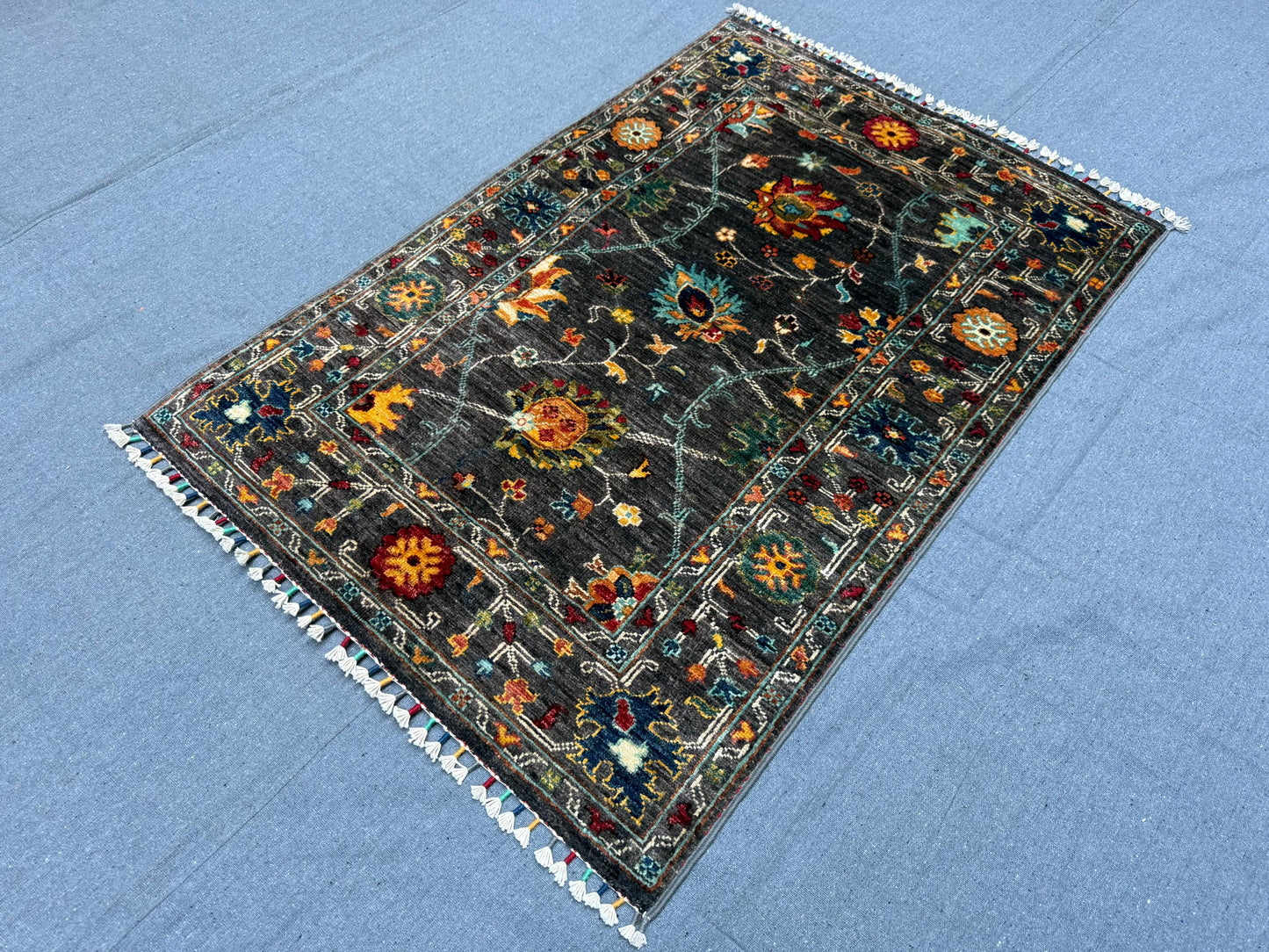 Handmade Sultani Rug – Dark Floral Wool Area Rug,Persian Floral Design,Bold Dark Tones,Multicolor Floral Pattern,3x4 Small living room rug