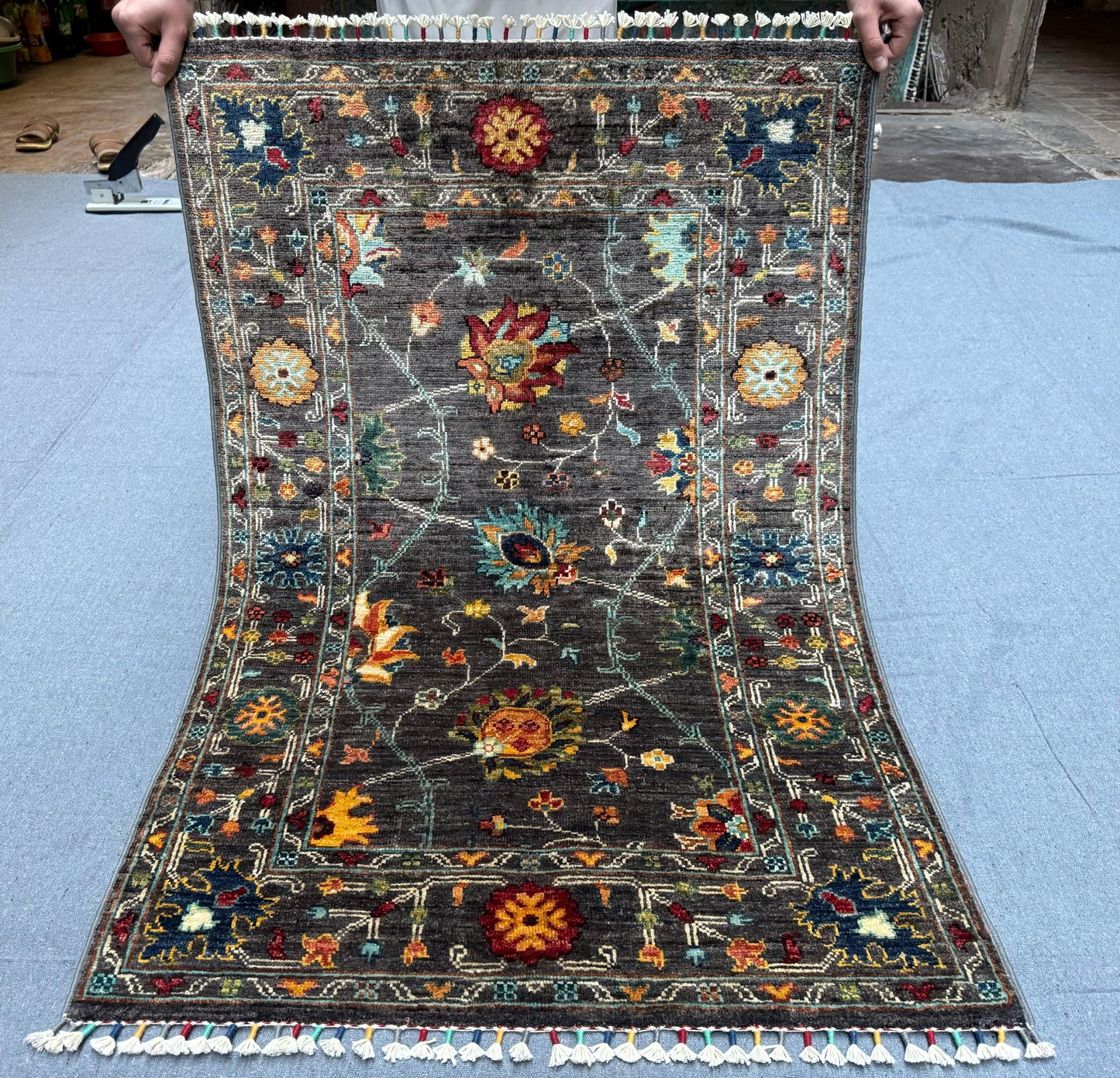 Handmade Sultani Rug – Dark Floral Wool Area Rug,Persian Floral Design,Bold Dark Tones,Multicolor Floral Pattern,3x4 Small living room rug