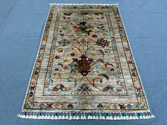 Handmade Small Afghan Neutral color Sultani Rug-Floral Pattern Vintage-Inspired area rug,Multicolor Floral rug,3x4 Small living room rug.