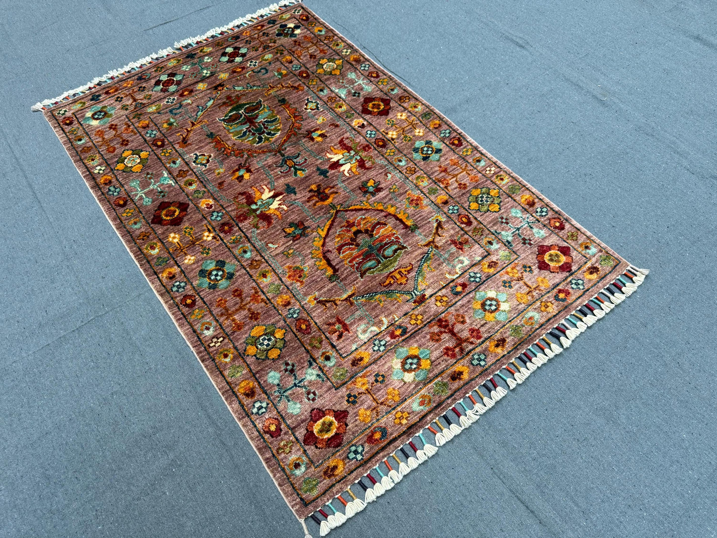 Handmade Pink Brown Small Floral Rug–Vintage-Style Afghan rug,Handmade Small Oriental Area Rug– Afghan turkish Style,3x4 living room rug.